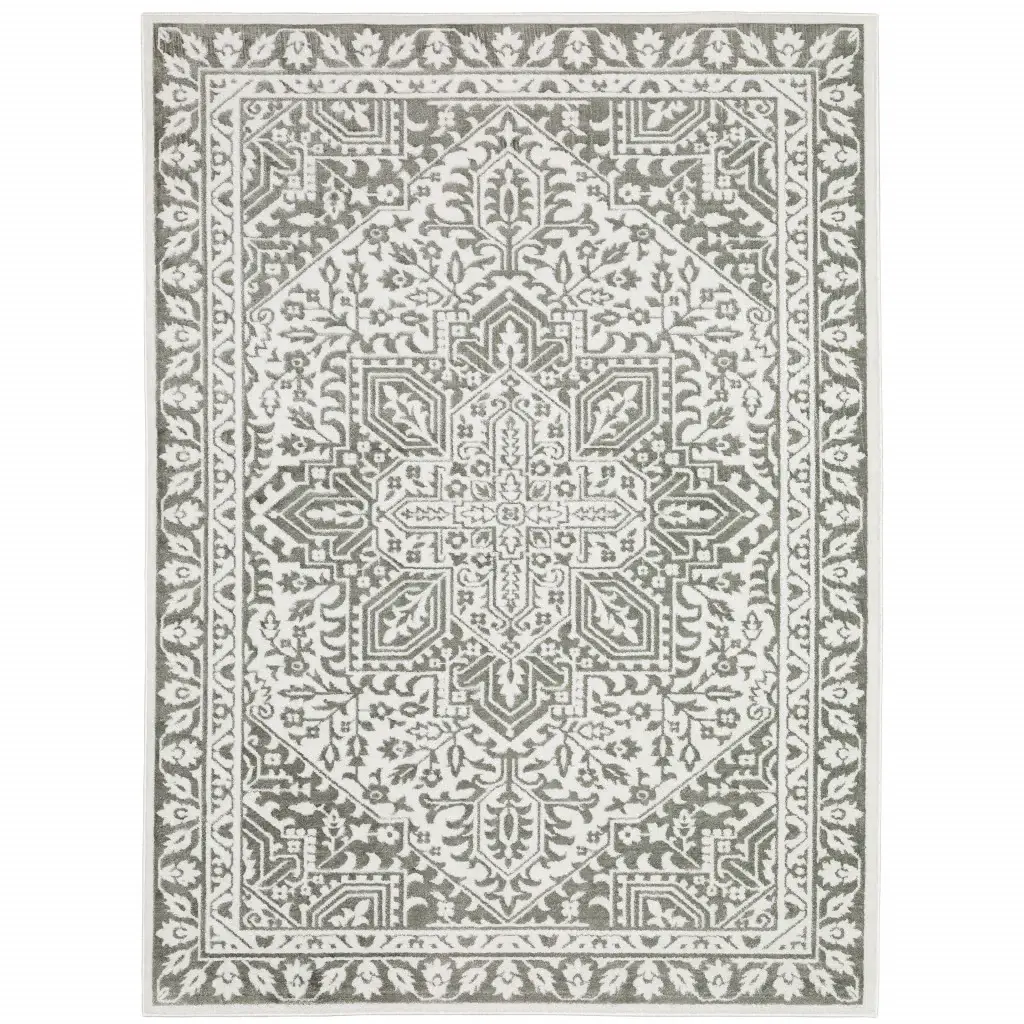 8' X 11' Grey And White Oriental Power Loom Stain Resistant Area Rug - Image 2
