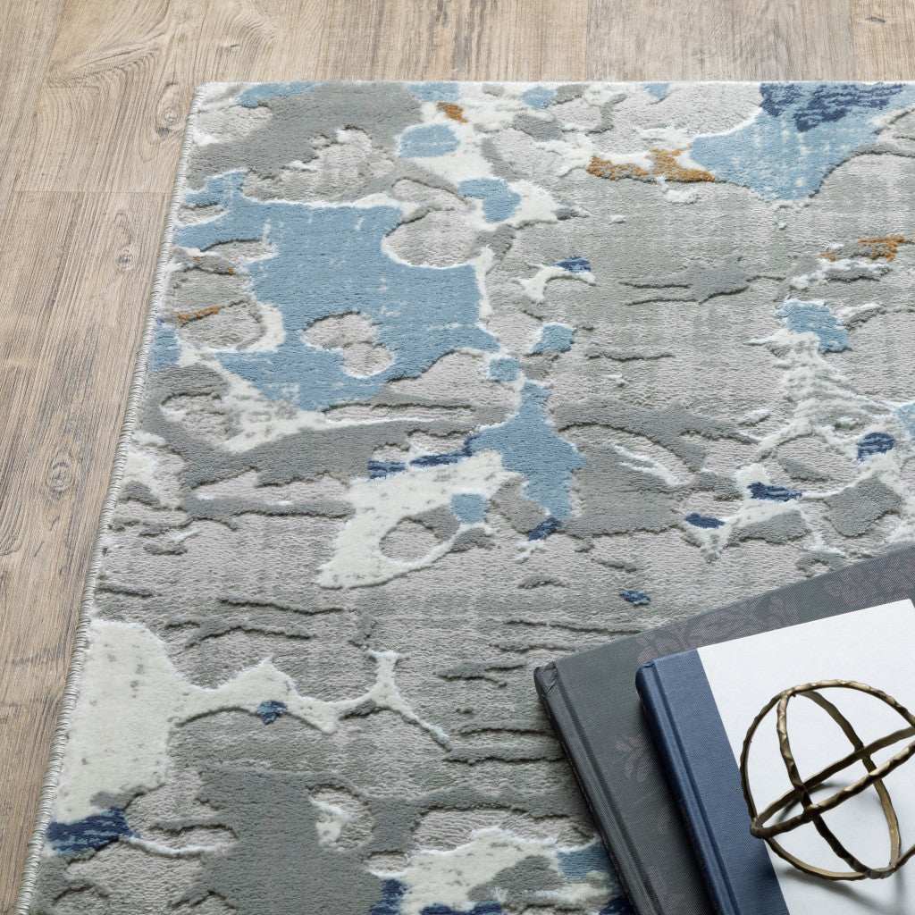 8' X 11' Grey Blue Ivory Navy Beige And Brown Abstract Power Loom Stain Resistant Area Rug - Image 6
