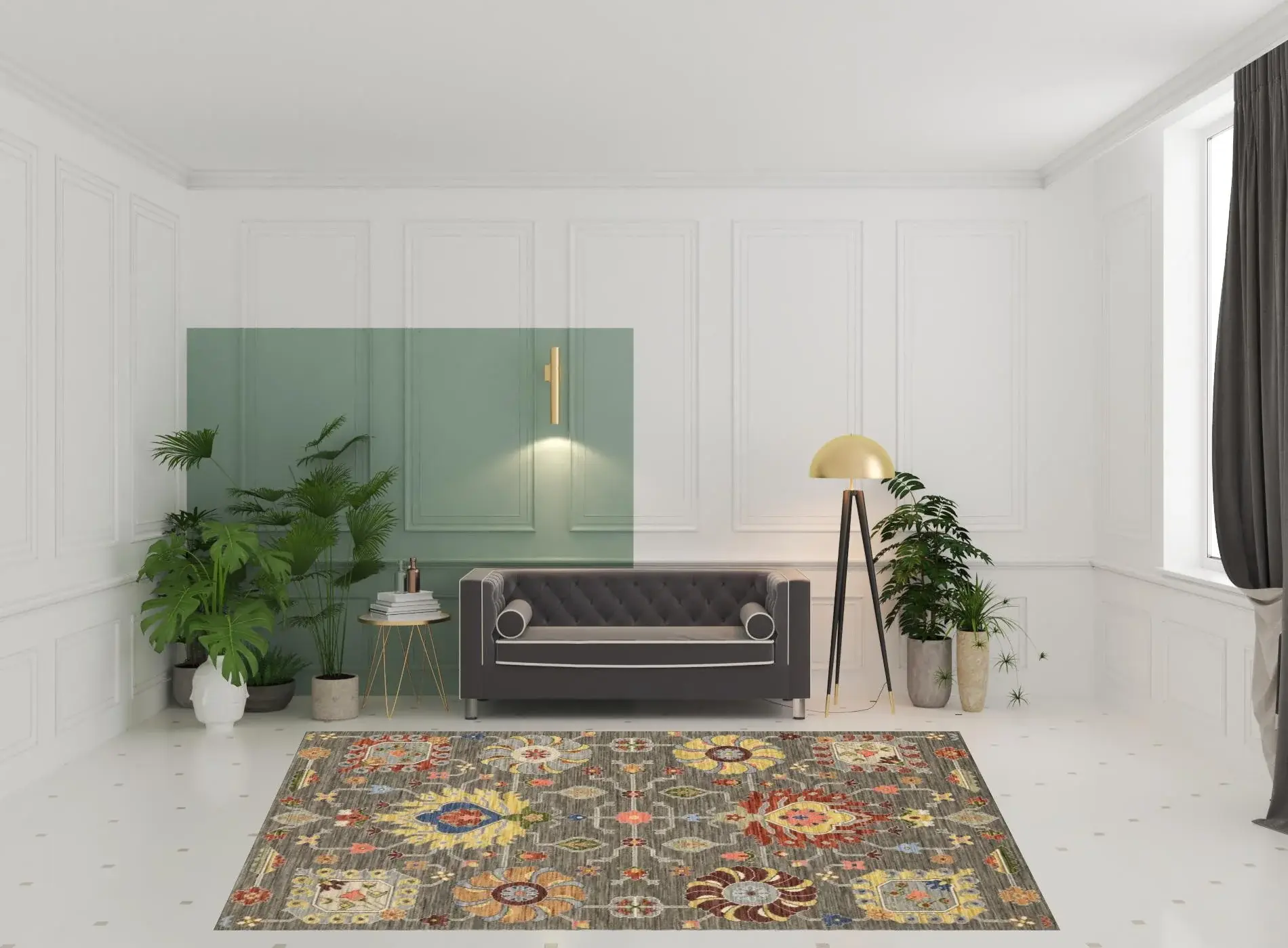8' X 11' Grey Charcoal Yellow Blue Rust Red Pink Green And Ivory Oriental Power Loom Stain Resistant Area Rug With Fringe - Image 2