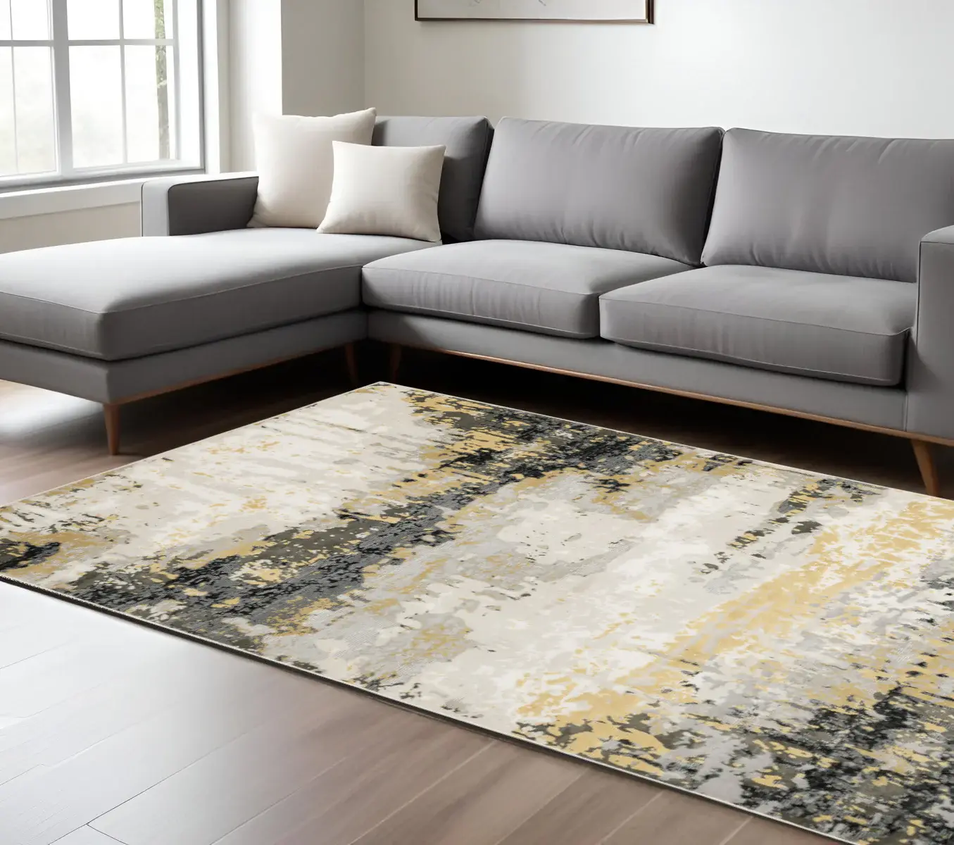 8' X 11' Grey Gold Beige Black And Brown Abstract Power Loom Stain Resistant Area Rug