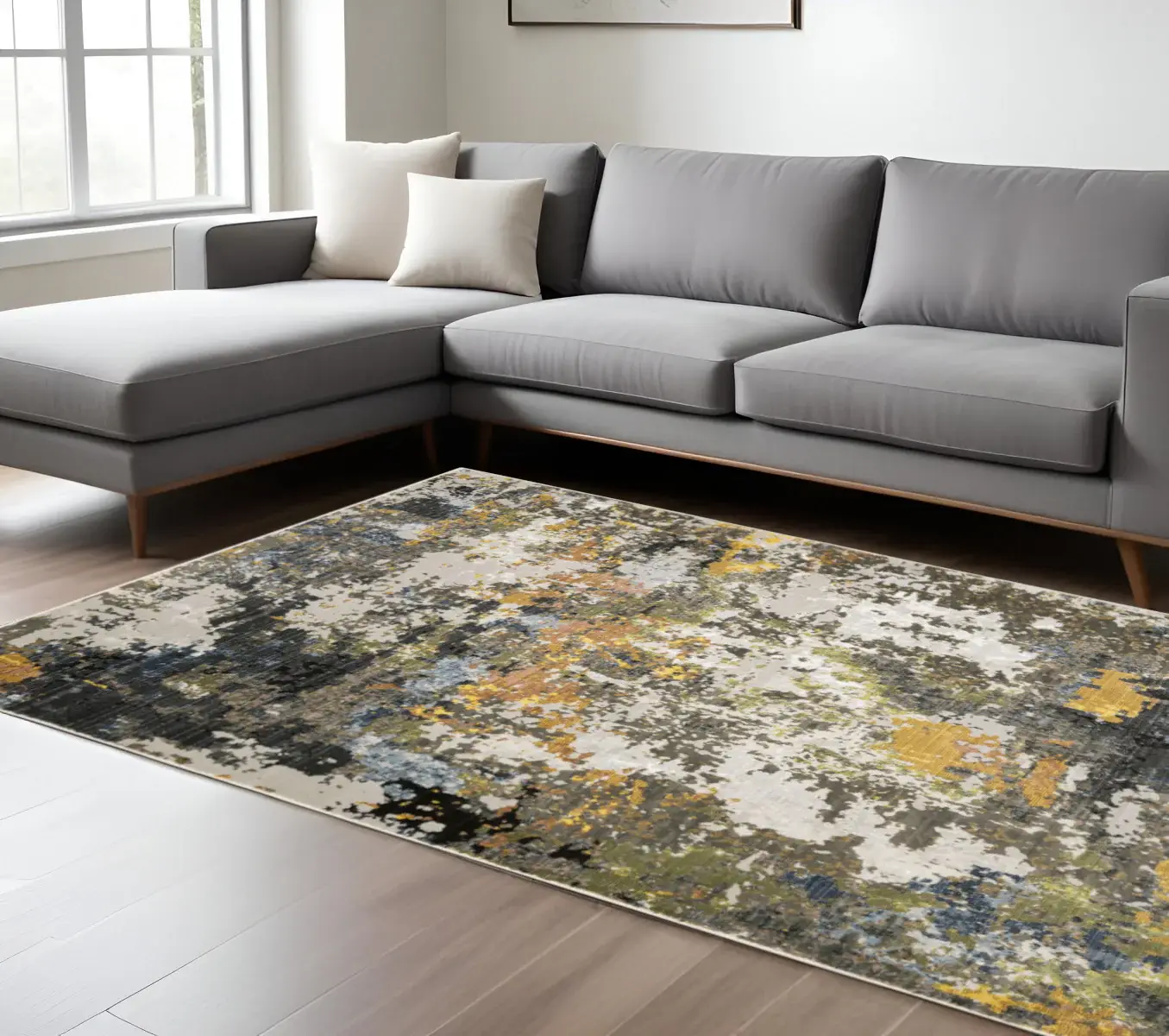 8' X 11' Grey Gold Blue Orange Beige And Brown Abstract Power Loom Stain Resistant Area Rug