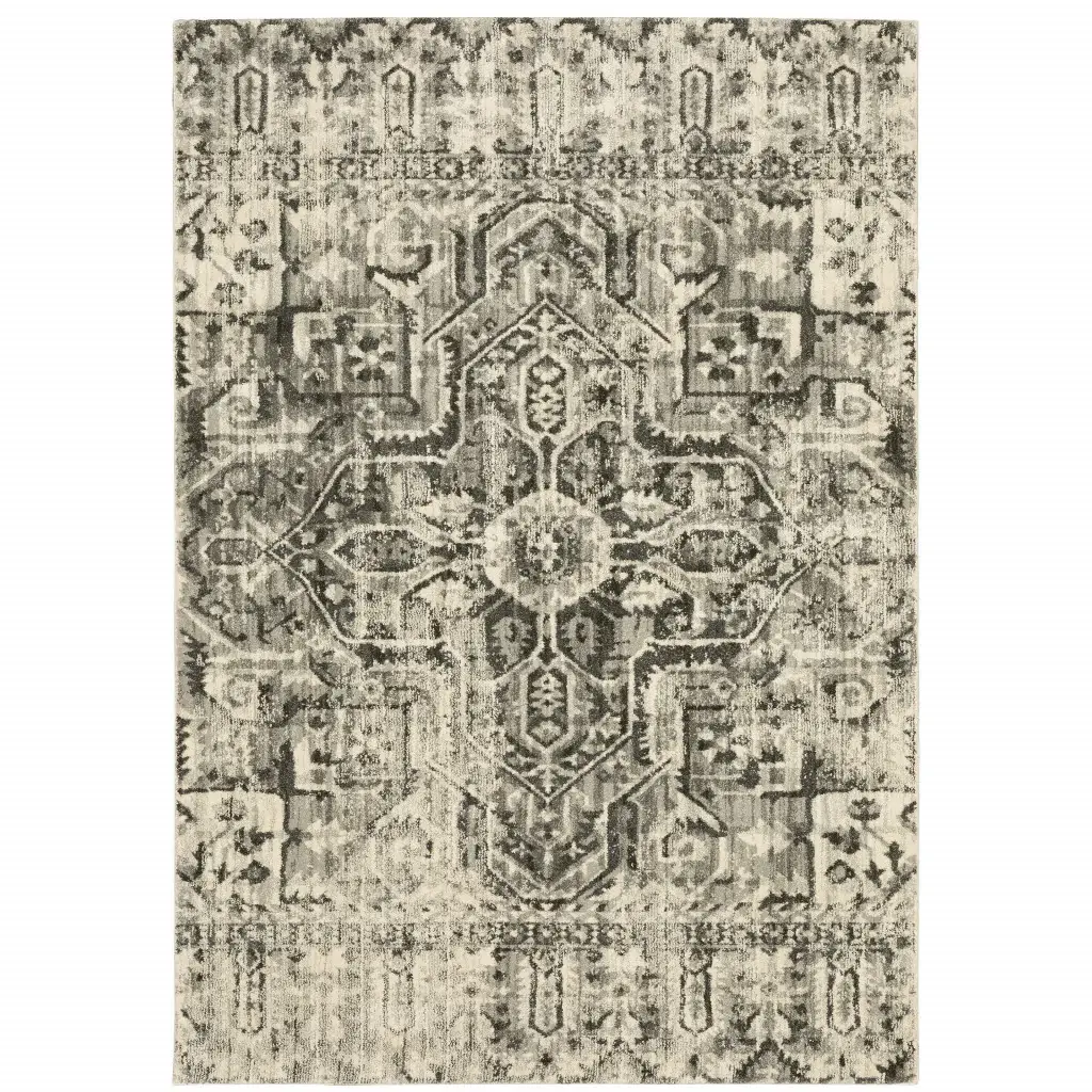 8' X 11' Grey Ivory And Brown Oriental Power Loom Stain Resistant Area Rug - Image 2