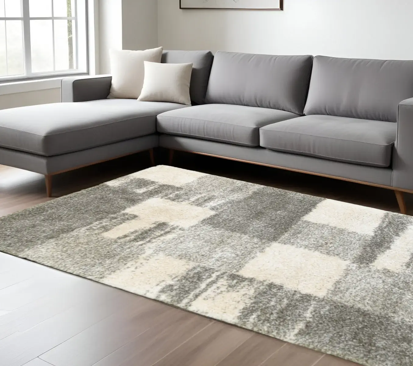 8' X 11' Grey Ivory And Silver Geometric Shag Power Loom Stain Resistant Area Rug