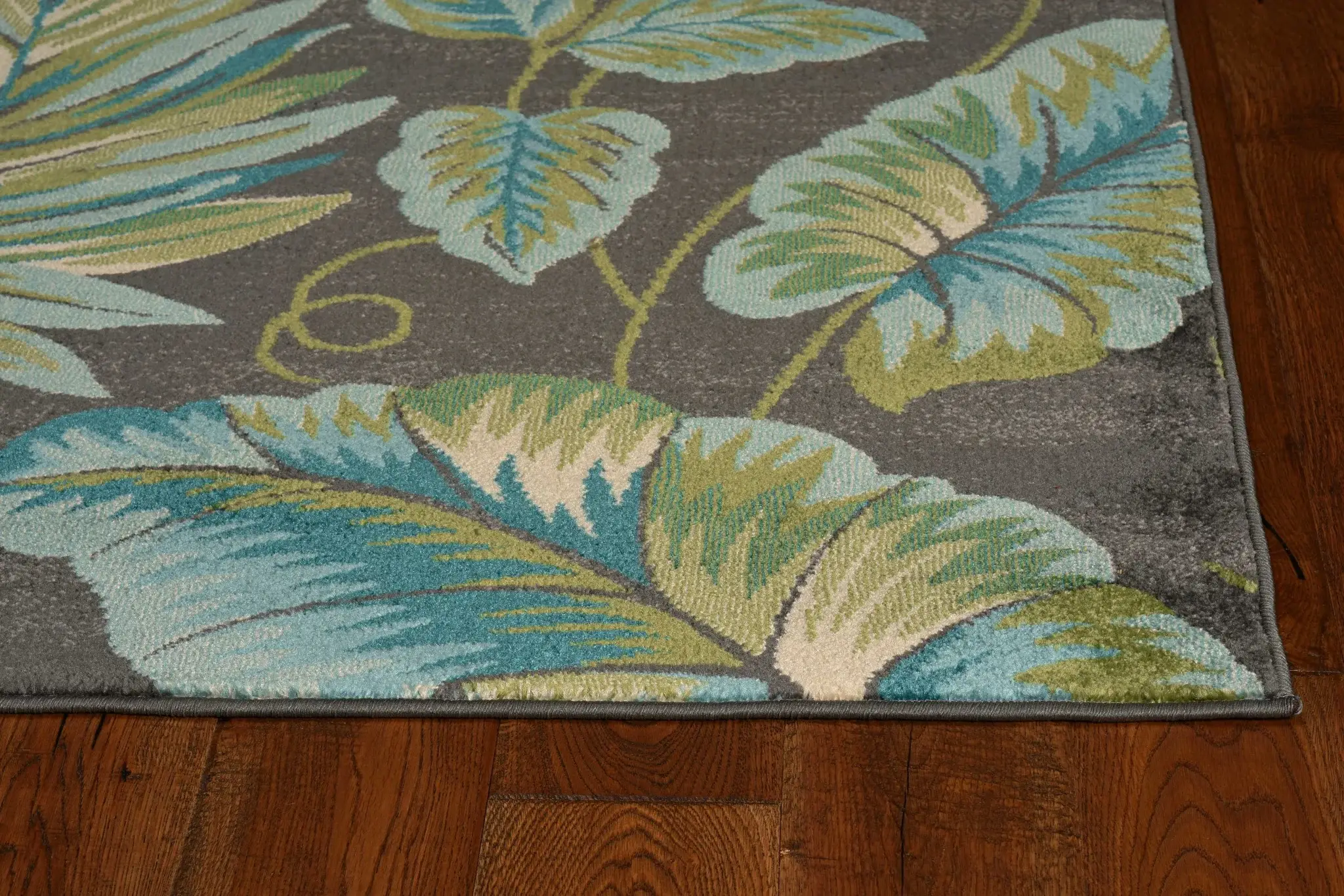 8' X 11' Grey Teal Machine Woven Oversized Tropical Leaves Indoor Area Rug - Image 4