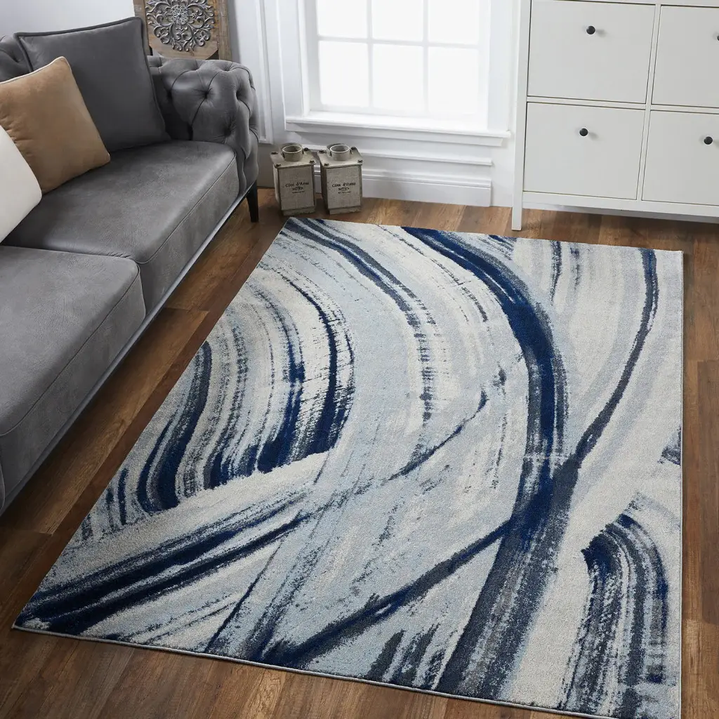 8' X 11' Ivory and Blue Abstract Area Rug - Image 3