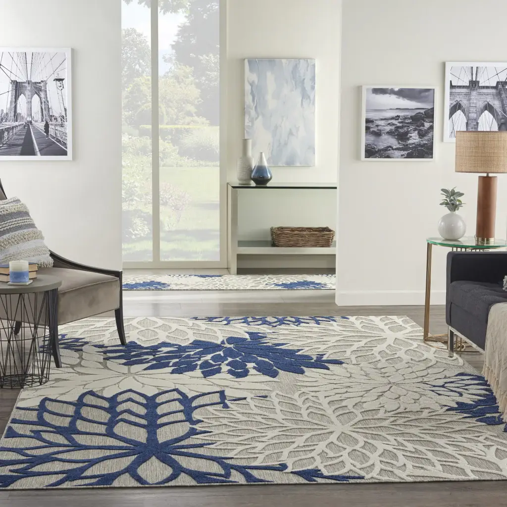 8' X 11' Ivory And Blue Floral Indoor Outdoor Area Rug - Image 5