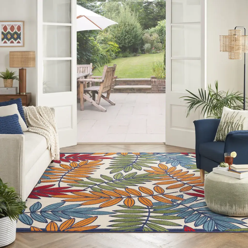 8' X 11' Ivory And Blue Floral Indoor Outdoor Area Rug - Image 6
