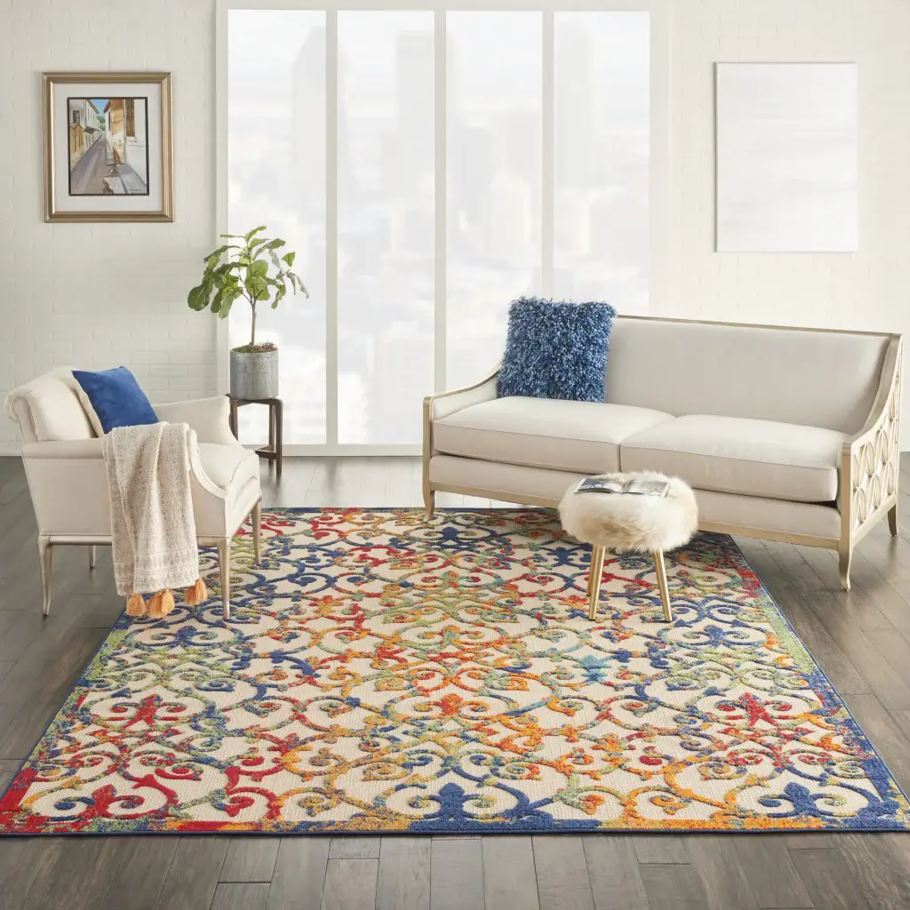 8' X 11' Ivory And Blue Floral Indoor Outdoor Area Rug - Image 6