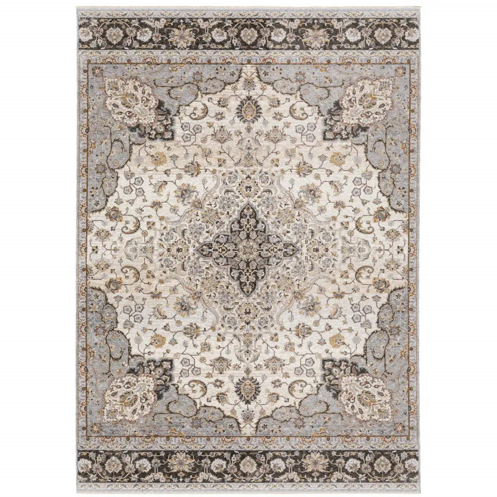 8' X 11' Ivory And Blue Oriental Power Loom Stain Resistant Area Rug With Fringe - Image 2
