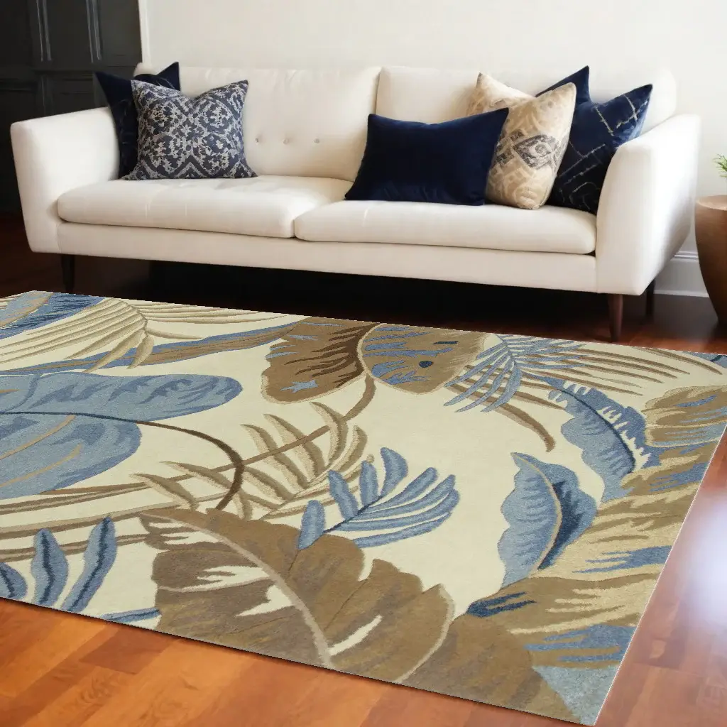 8' X 11' Ivory and Blue Wool Tropical Botanical Hand Tufted Area Rug - Image 2