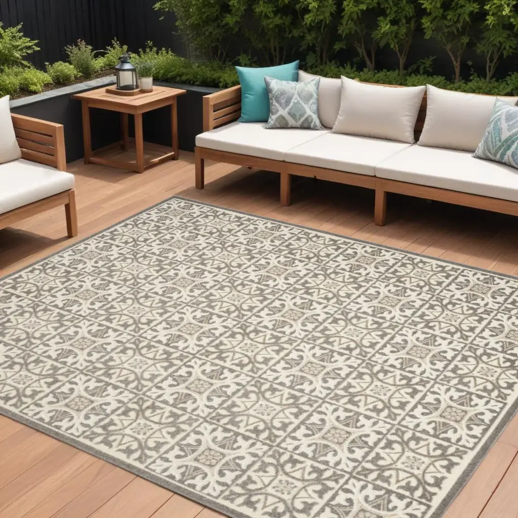 8' X 11' Ivory And Grey Fleur De Lis Stain Resistant Non Skid Area Rug