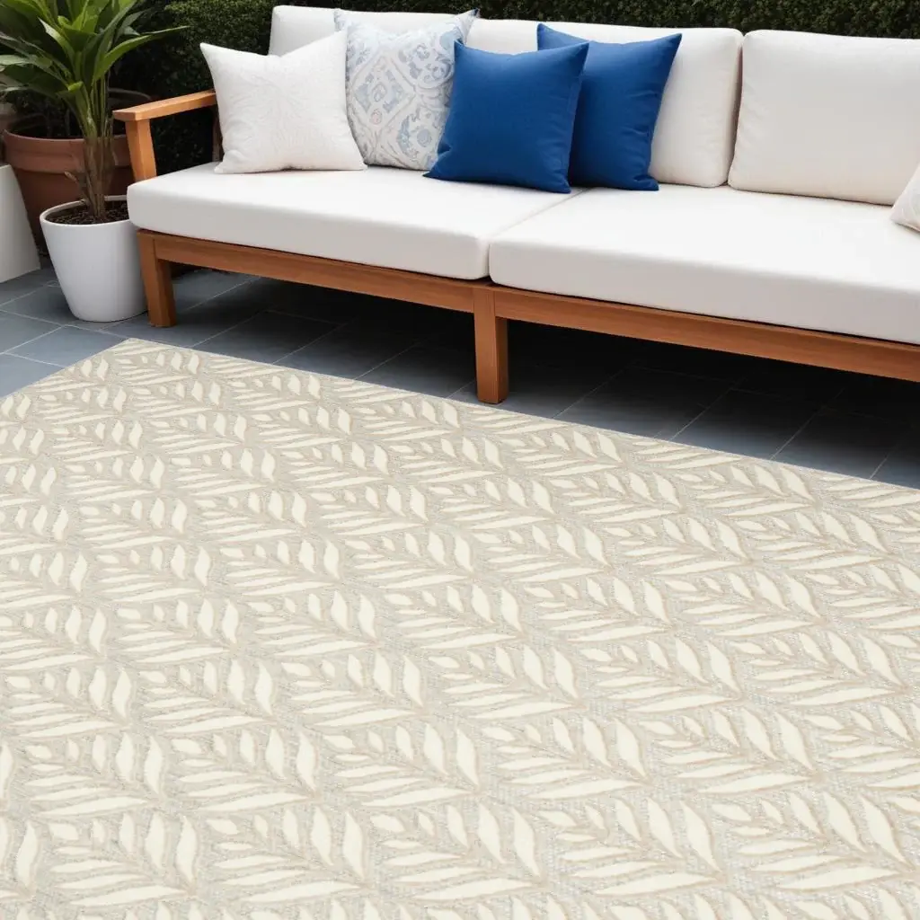 8' X 11' Ivory And Grey Floral Stain Resistant Non Skid Area Rug