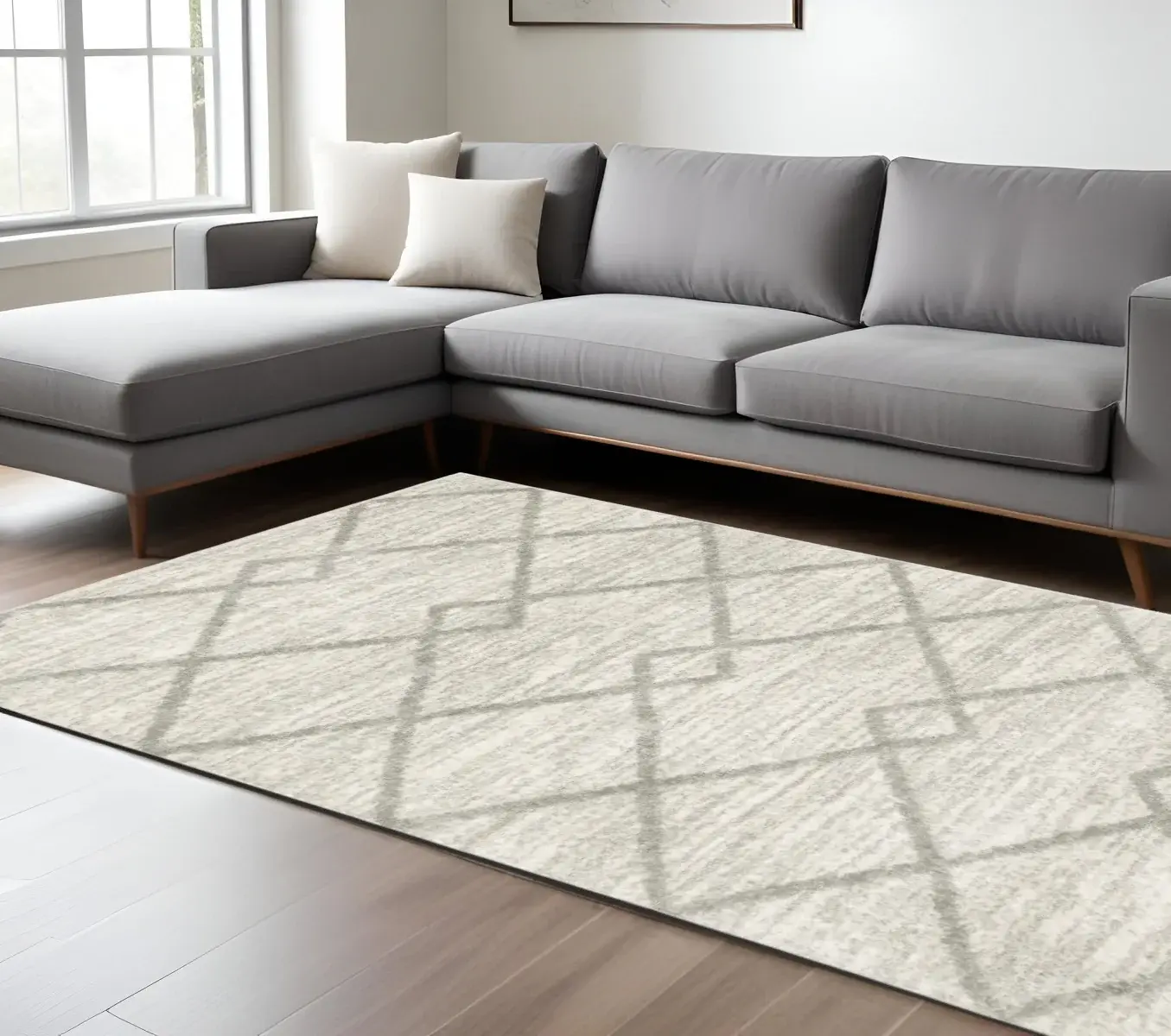 8' X 11' Ivory And Grey Geometric Shag Power Loom Stain Resistant Area Rug