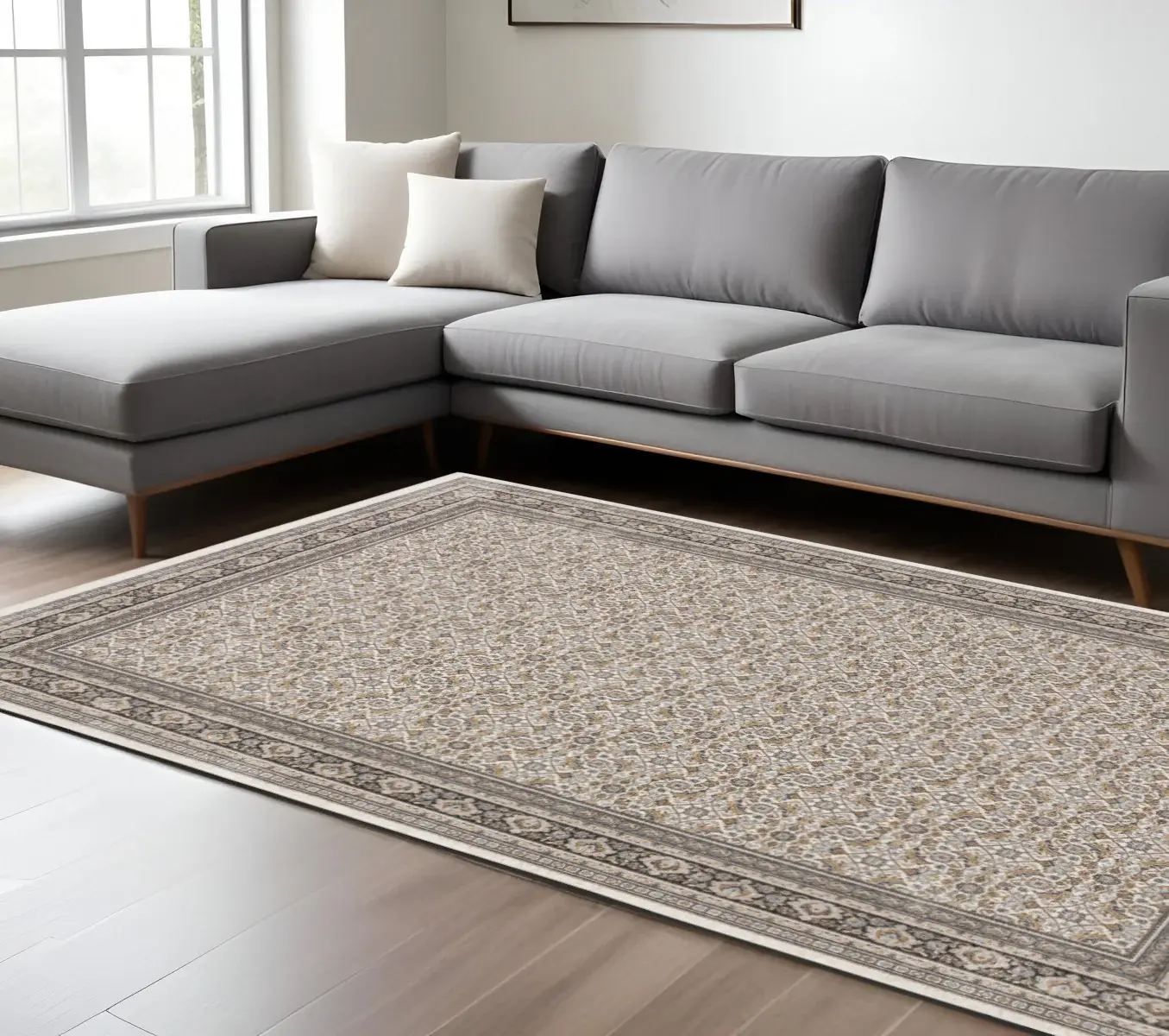 8' X 11' Ivory And Grey Oriental Power Loom Stain Resistant Area Rug With Fringe