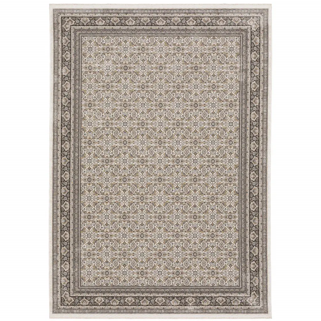 8' X 11' Ivory And Grey Oriental Power Loom Stain Resistant Area Rug With Fringe - Image 2