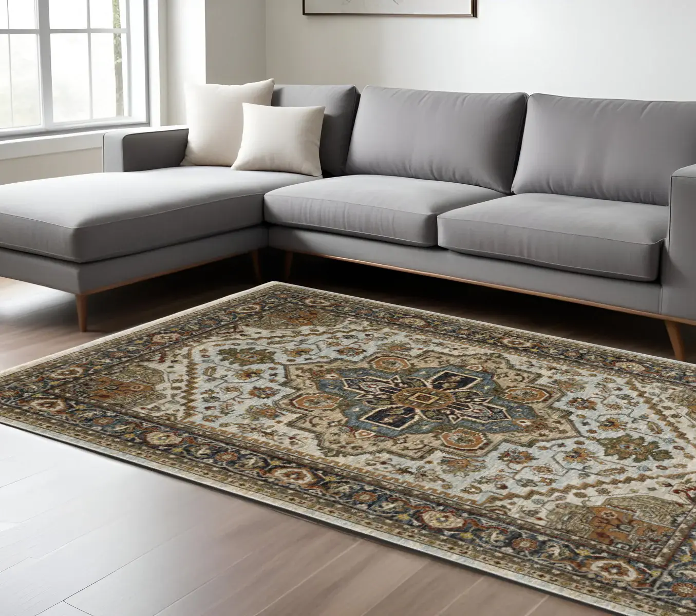 8' X 11' Ivory Beige Blue Orange Gold Green Grey And Rust Oriental Power Loom Stain Resistant Area Rug With Fringe