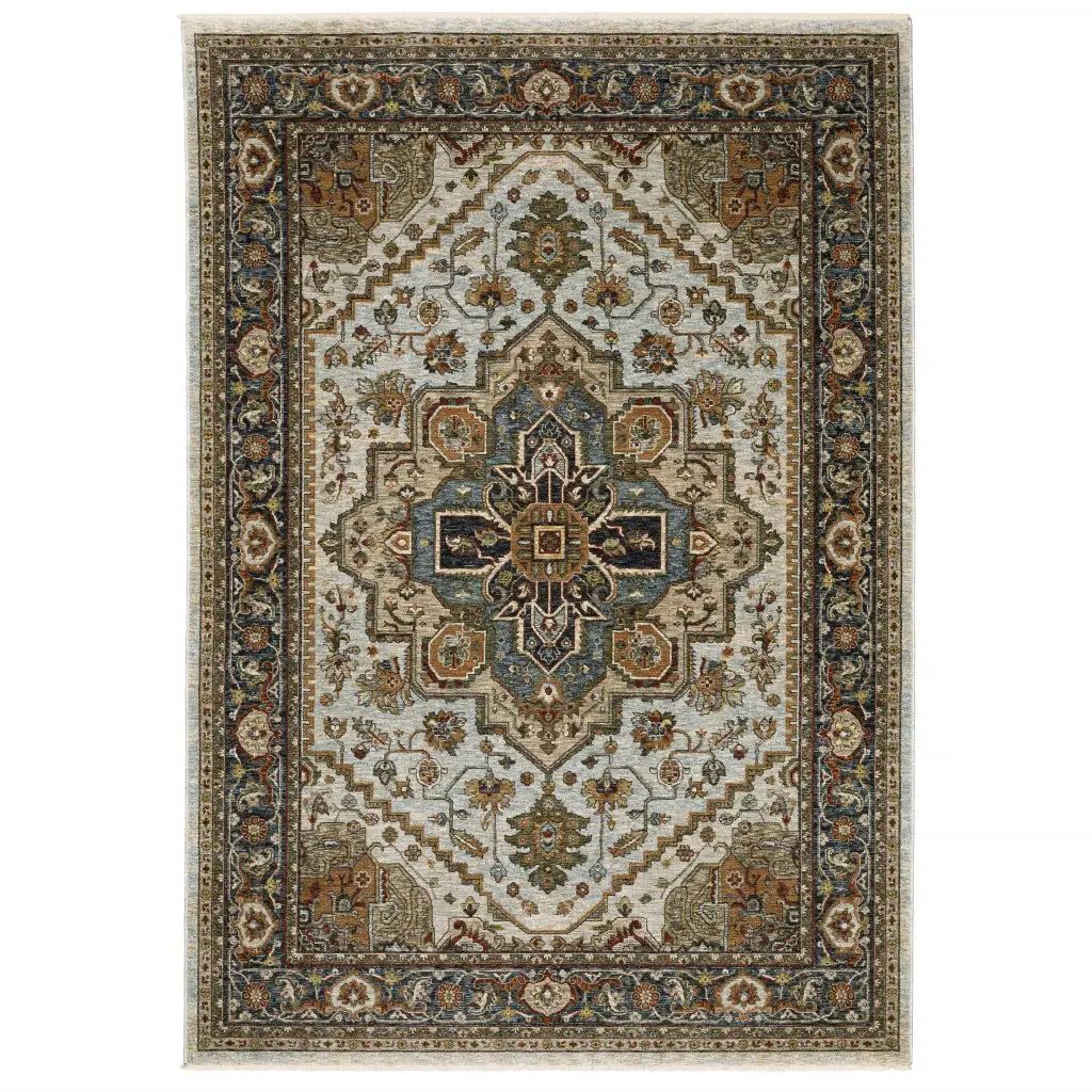 8' X 11' Ivory Beige Blue Orange Gold Green Grey And Rust Oriental Power Loom Stain Resistant Area Rug With Fringe - Image 2