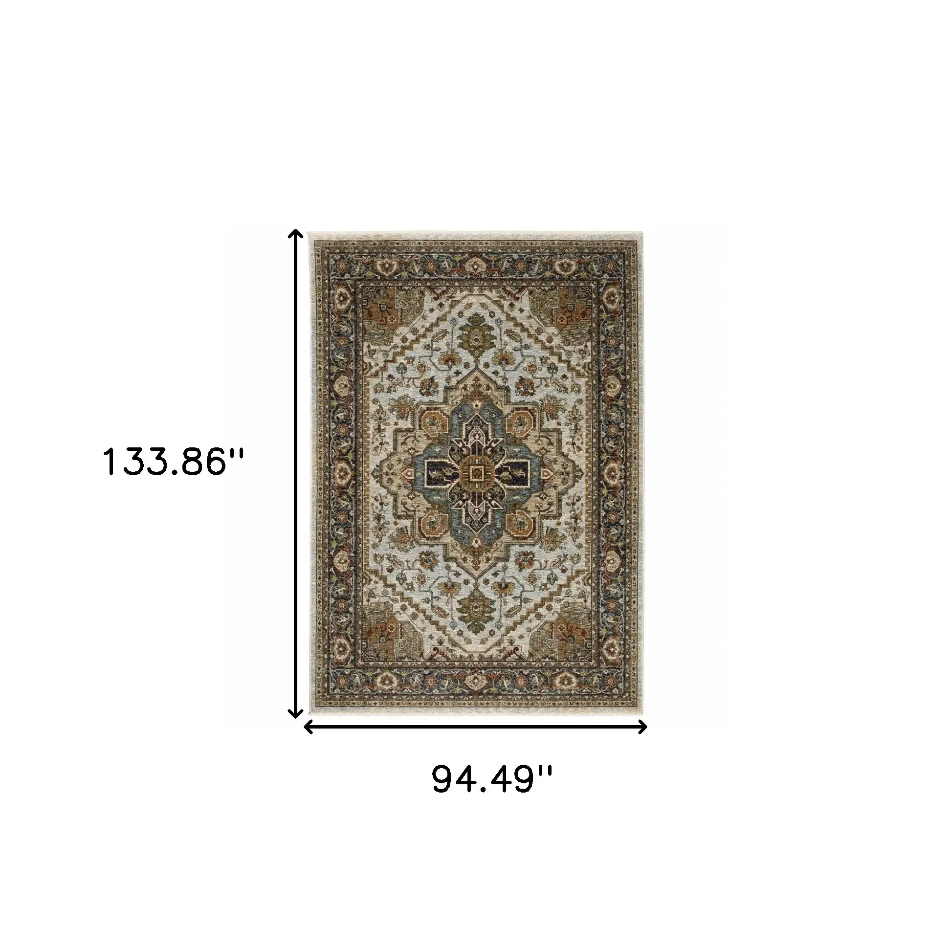 8' X 11' Ivory Beige Blue Orange Gold Green Grey And Rust Oriental Power Loom Stain Resistant Area Rug With Fringe - Image 3