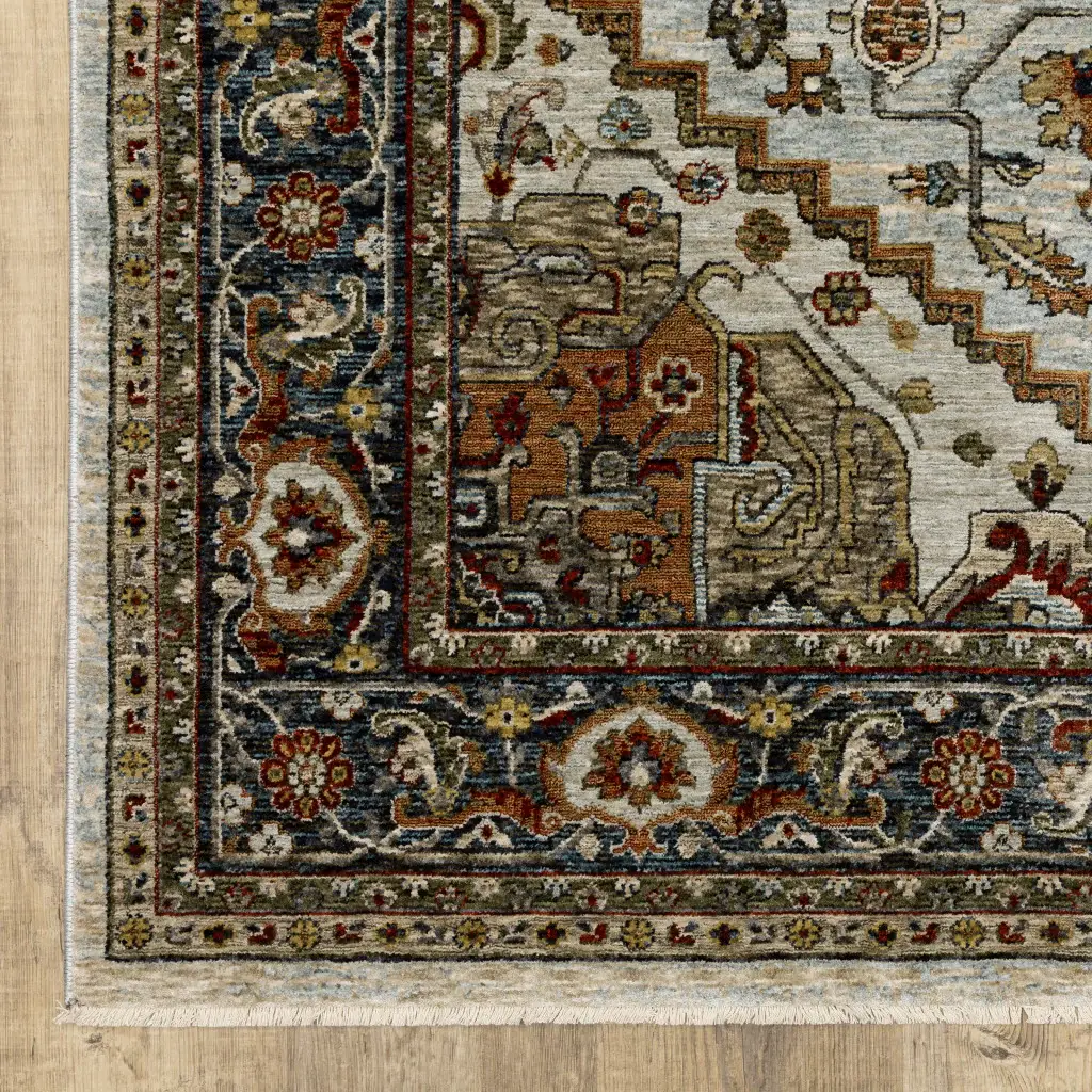 8' X 11' Ivory Beige Blue Orange Gold Green Grey And Rust Oriental Power Loom Stain Resistant Area Rug With Fringe - Image 4