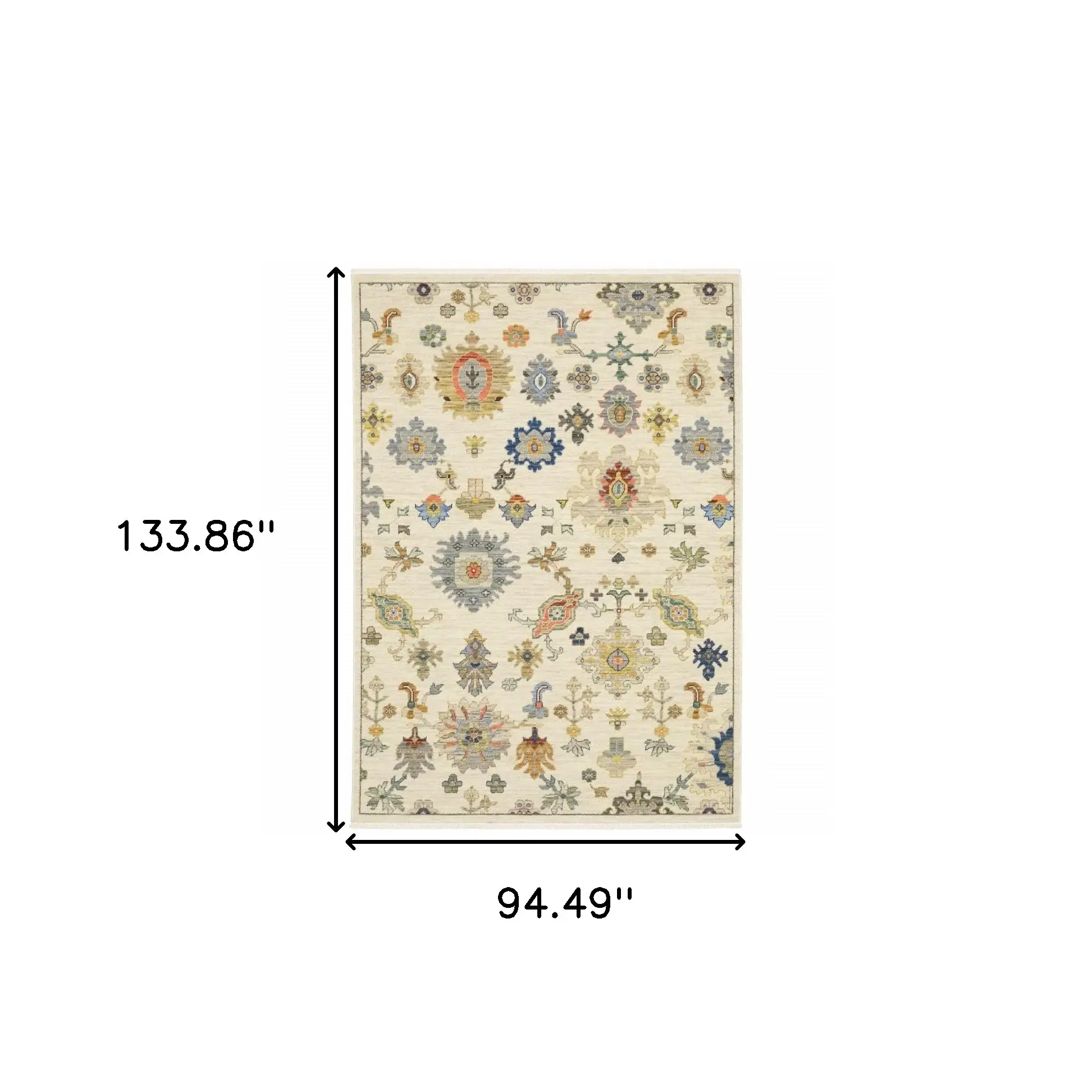 8' X 11' Ivory Beige Gold Grey Blue Pink Red Rust And Green Oriental Power Loom Stain Resistant Area Rug With Fringe - Image 3