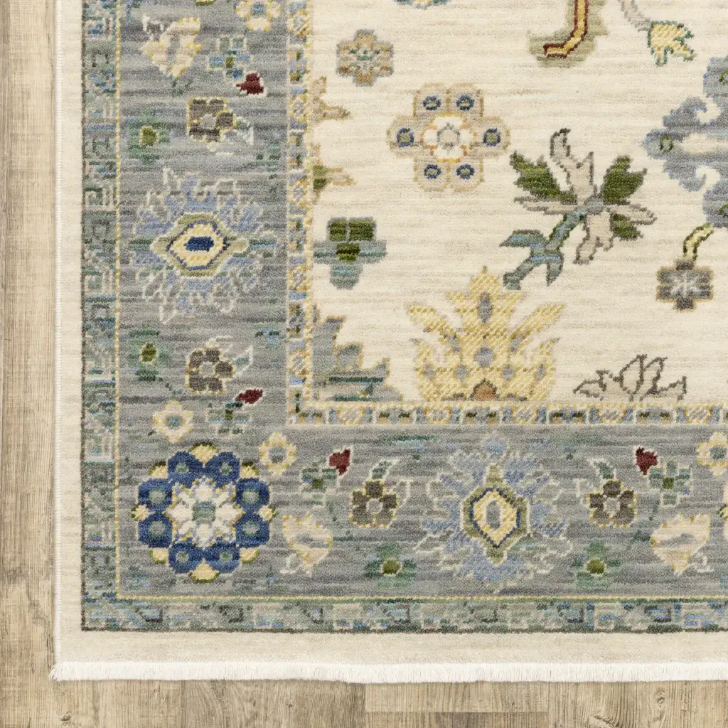 8' X 11' Ivory Blue Grey Teal Gold Green And Rust Oriental Power Loom Stain Resistant Area Rug With Fringe - Image 4