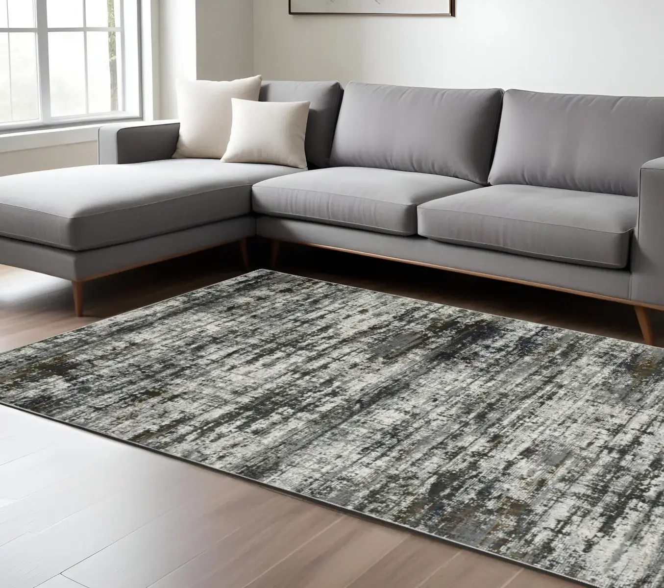 8' X 11' Ivory Charcoal Grey Blue Rust And Brown Abstract Power Loom Stain Resistant Area Rug