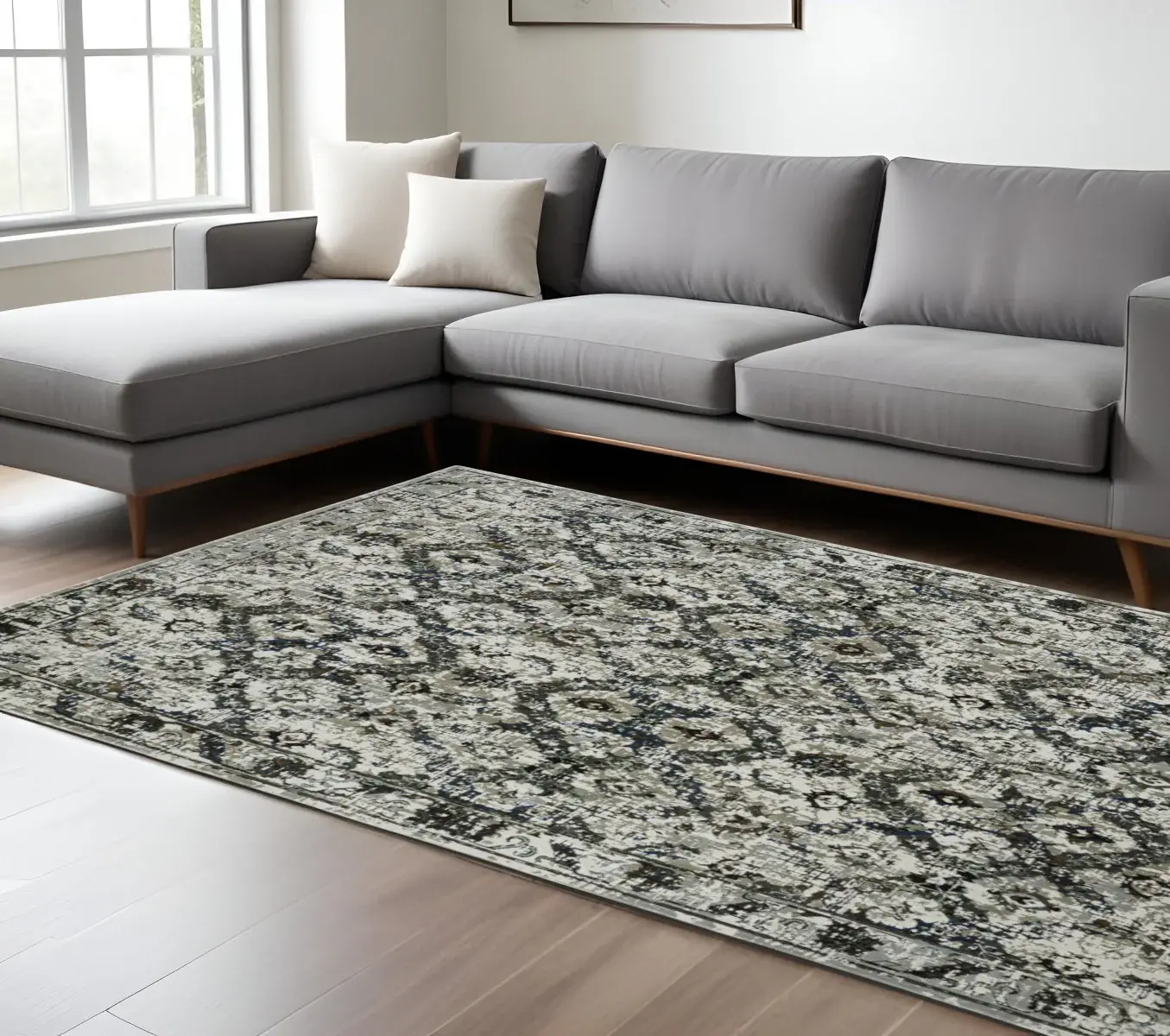 8' X 11' Ivory Charcoal Grey Blue Rust Gold And Brown Oriental Power Loom Stain Resistant Area Rug