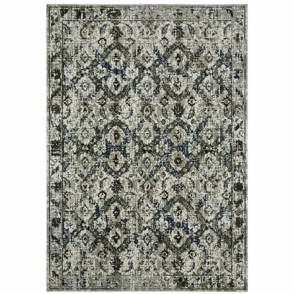 8' X 11' Ivory Charcoal Grey Blue Rust Gold And Brown Oriental Power Loom Stain Resistant Area Rug - Image 2