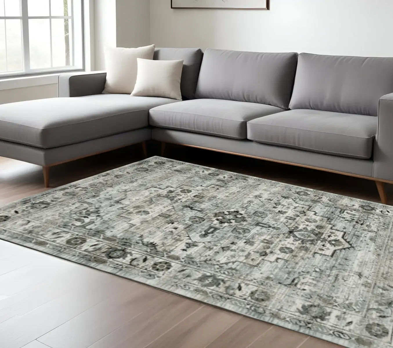 8' X 11' Ivory Grey Charcoal Blue And Taupe Oriental Power Loom Stain Resistant Area Rug