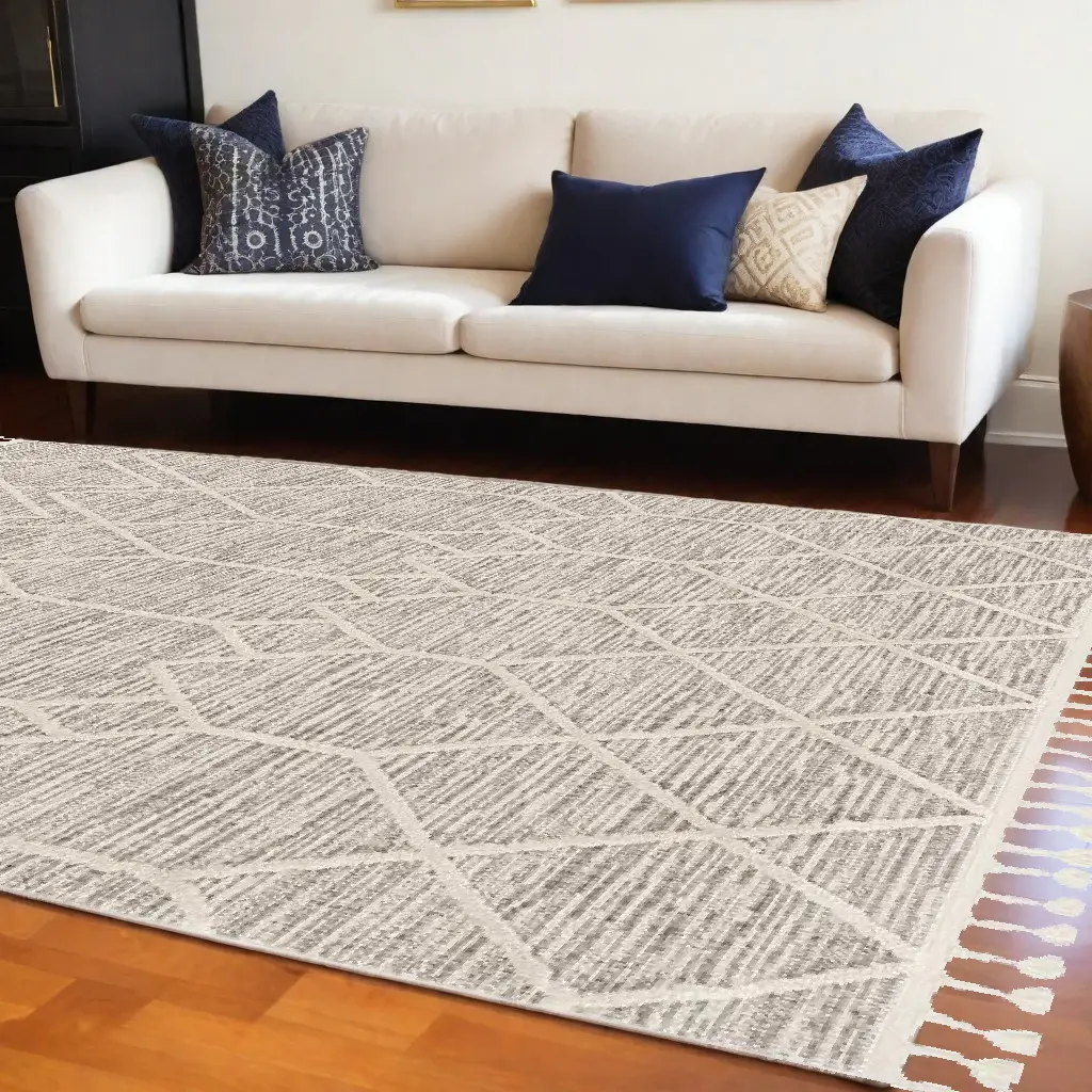 8' X 11' Ivory Grey Machine Woven Geometric Indoor Area Rug