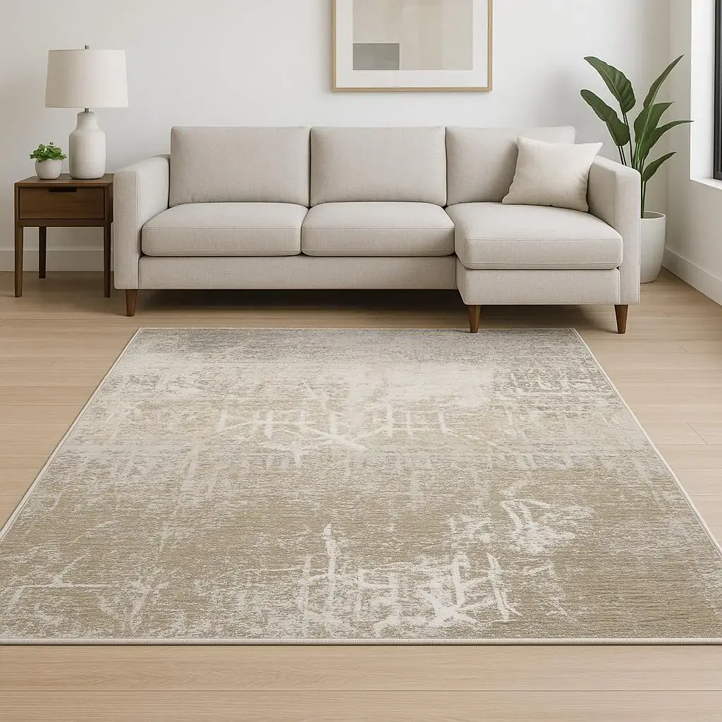 8' X 11' Ivory Grey Tan Brown And Beige Abstract Power Loom Stain Resistant Area Rug