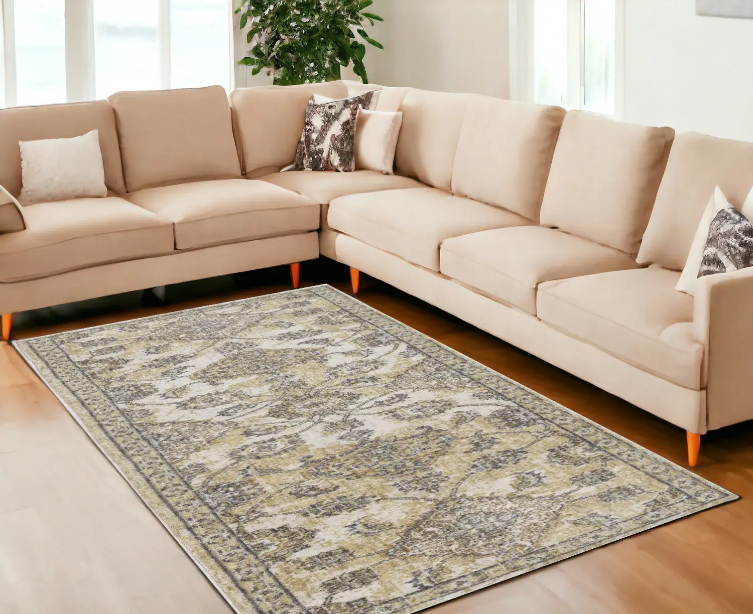 8' X 11' Ivory Sand Machine Woven Bordered Floral Vines Indoor Area Rug