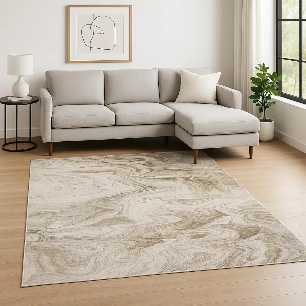 8' X 11' Ivory Tan Beige Grey And Brown Abstract Power Loom Stain Resistant Area Rug