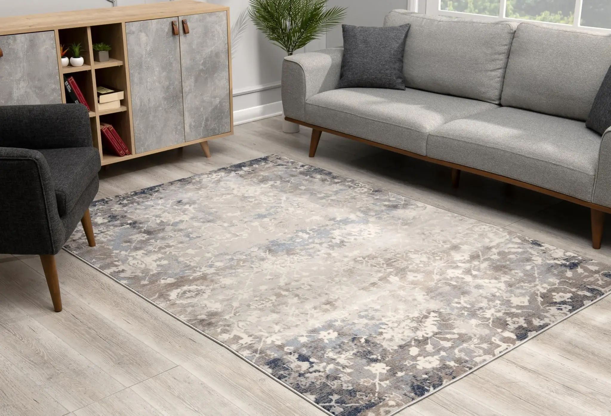 8' X 11' Navy And Beige Distressed Vines Area Rug - Image 6