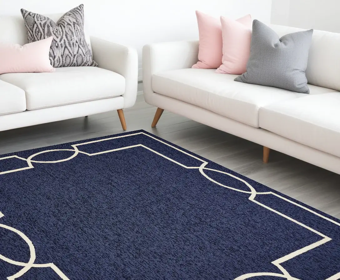 8' X 11' Navy and Ivory Geometric Hand Hooked Area Rug