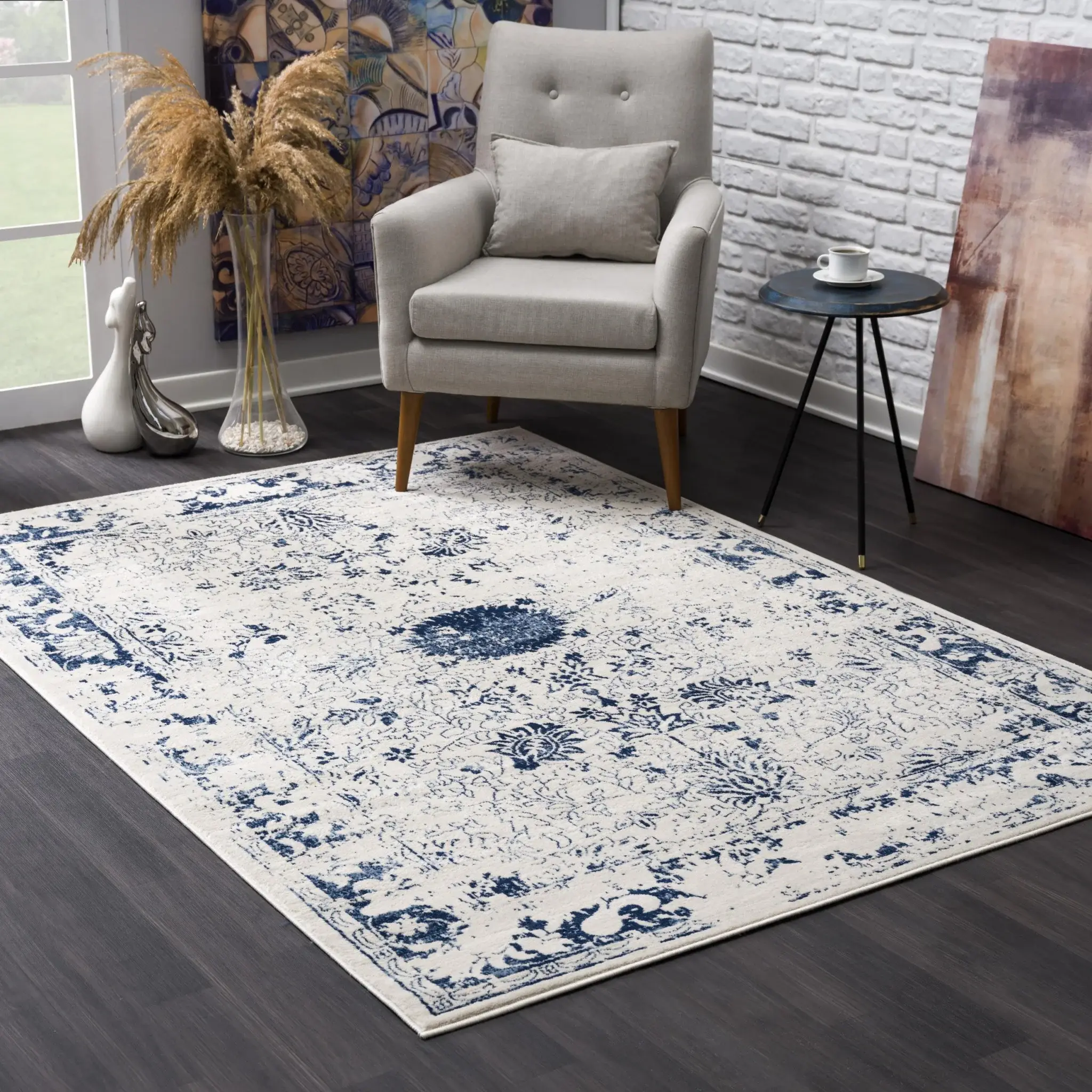 8' X 11' Navy Blue Distressed Floral Area Rug - Image 5