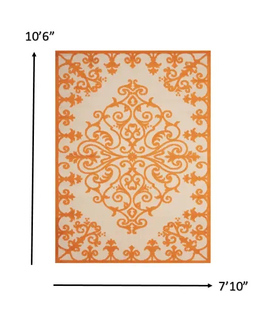 8' X 11' Orange And Ivory Damask Indoor Outdoor Area Rug - Image 2