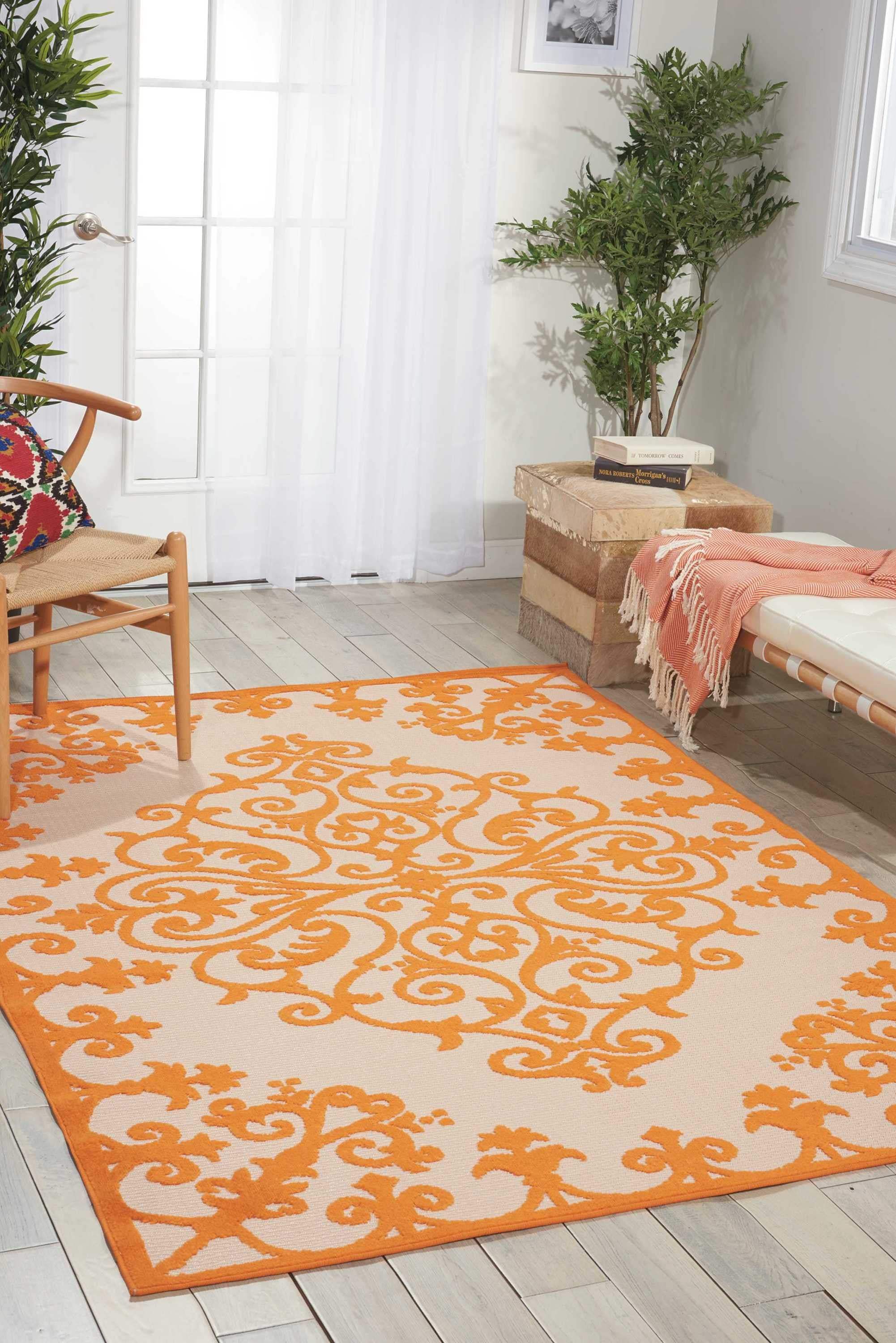 8' X 11' Orange And Ivory Damask Indoor Outdoor Area Rug - Image 5