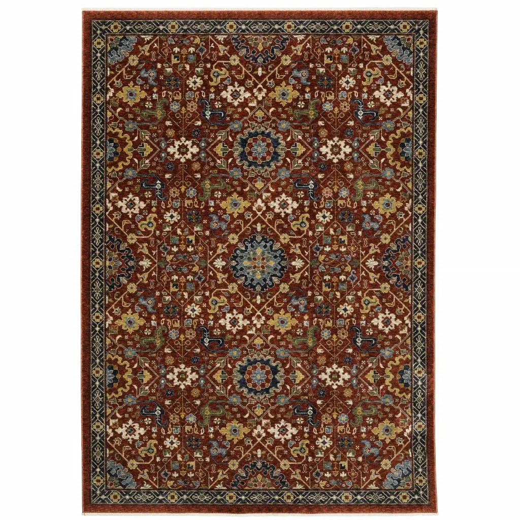 8' X 11' Red Blue Gold And Ivory Oriental Power Loom Stain Resistant Area Rug With Fringe - Image 2