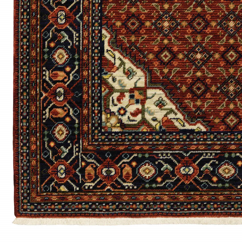 8' X 11' Red Blue Ivory And Orange Oriental Power Loom Stain Resistant Area Rug With Fringe - Image 4