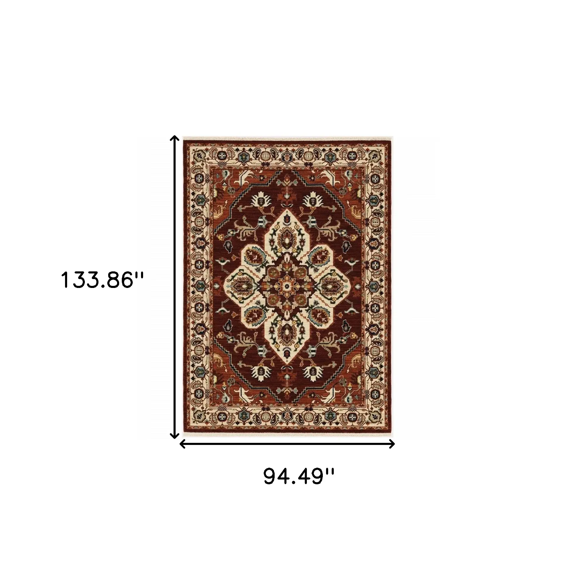 8' X 11' Red Ivory Orange And Blue Oriental Power Loom Stain Resistant Area Rug With Fringe - Image 3