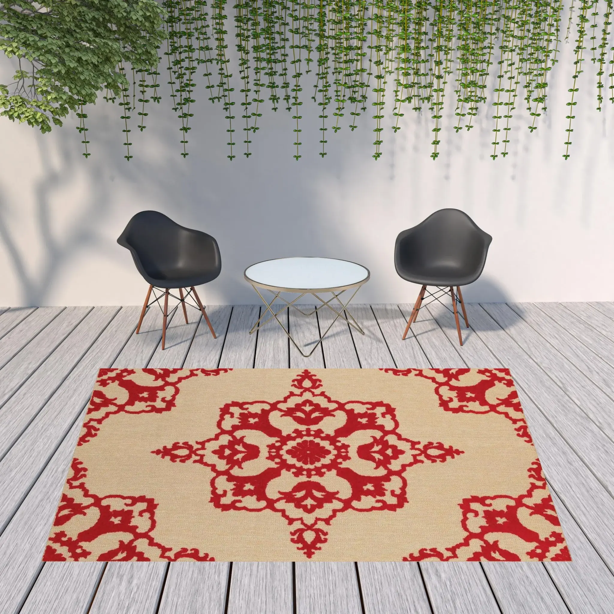 8' X 11' Red Oriental Stain Resistant Indoor Outdoor Area Rug - Image 2