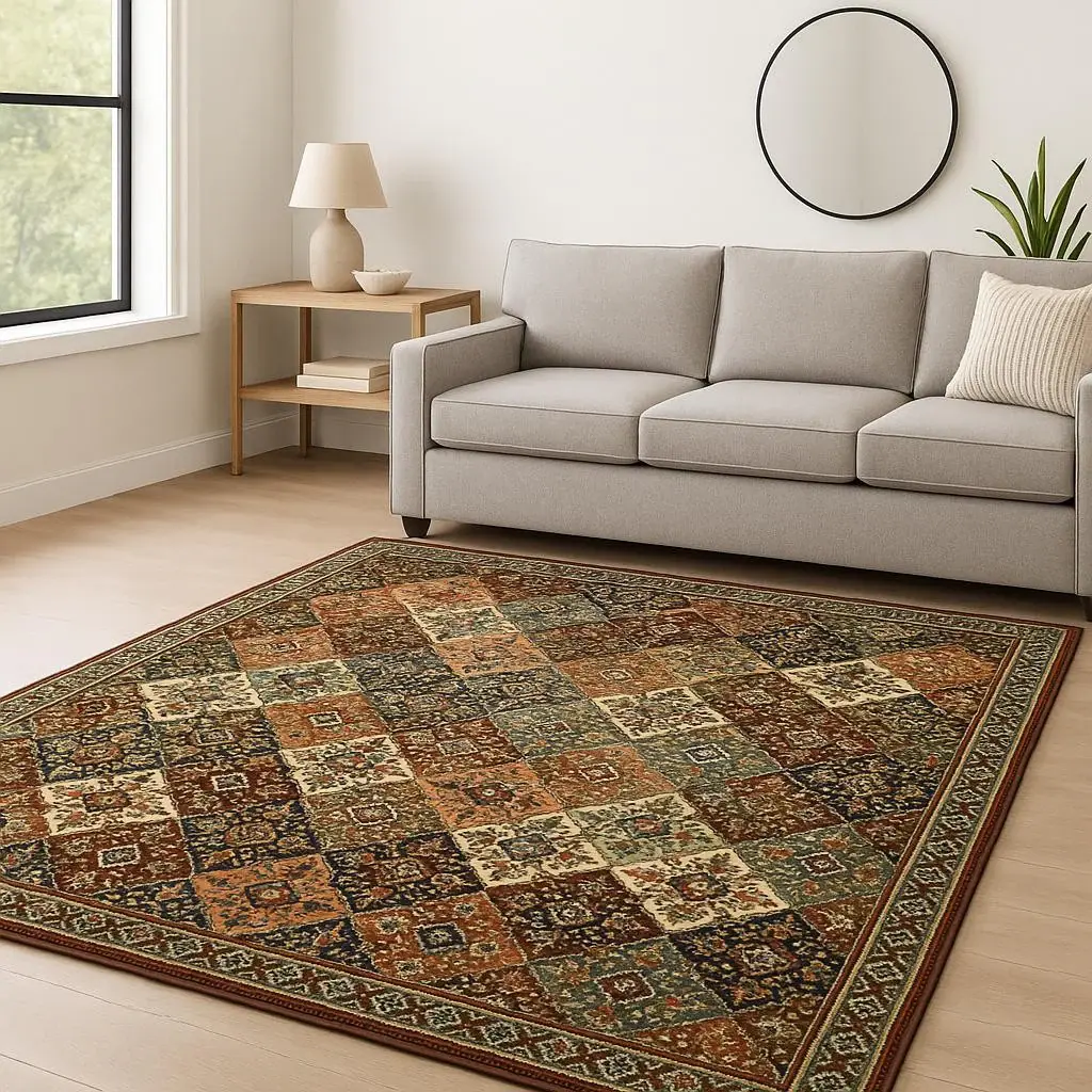 8' X 11' Red Rust Navy Light Blue Brown Orange Ivory And Gold Oriental Power Loom Stain Resistant Area Rug With Fringe