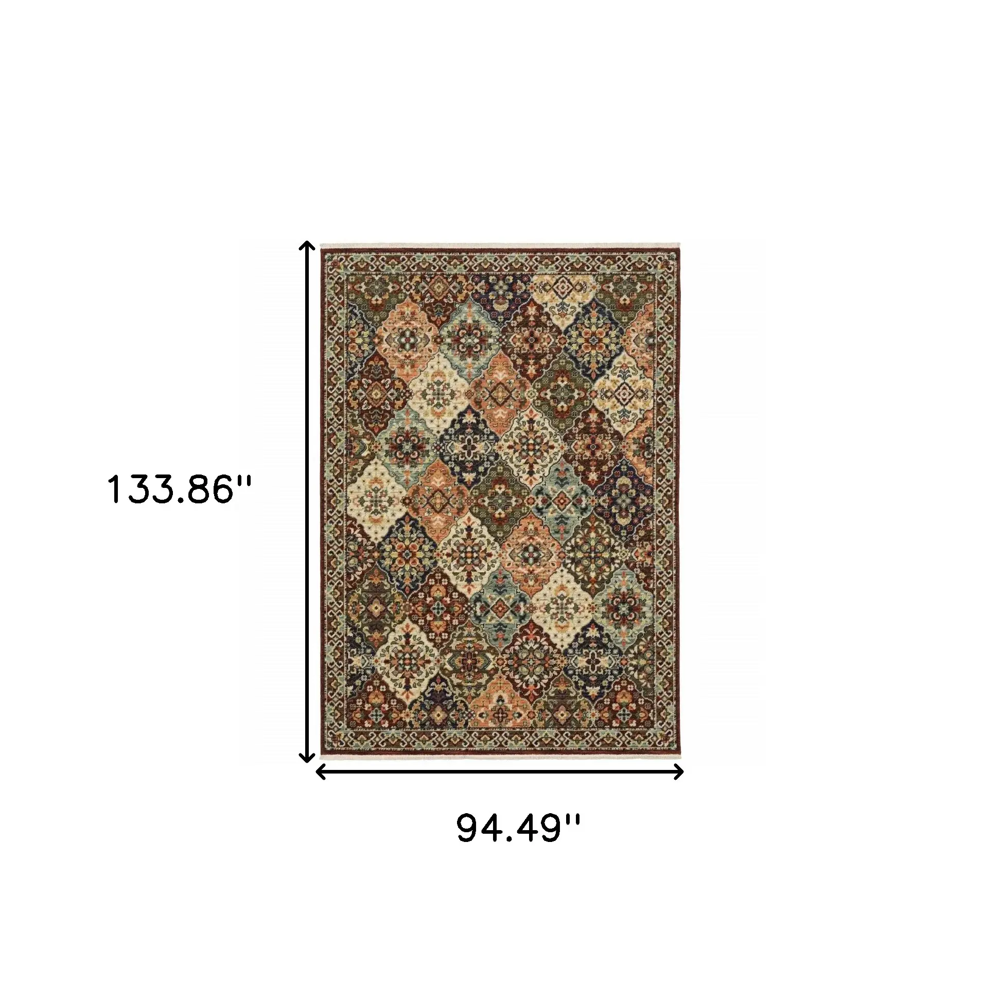 8' X 11' Red Rust Navy Light Blue Brown Orange Ivory And Gold Oriental Power Loom Stain Resistant Area Rug With Fringe - Image 3