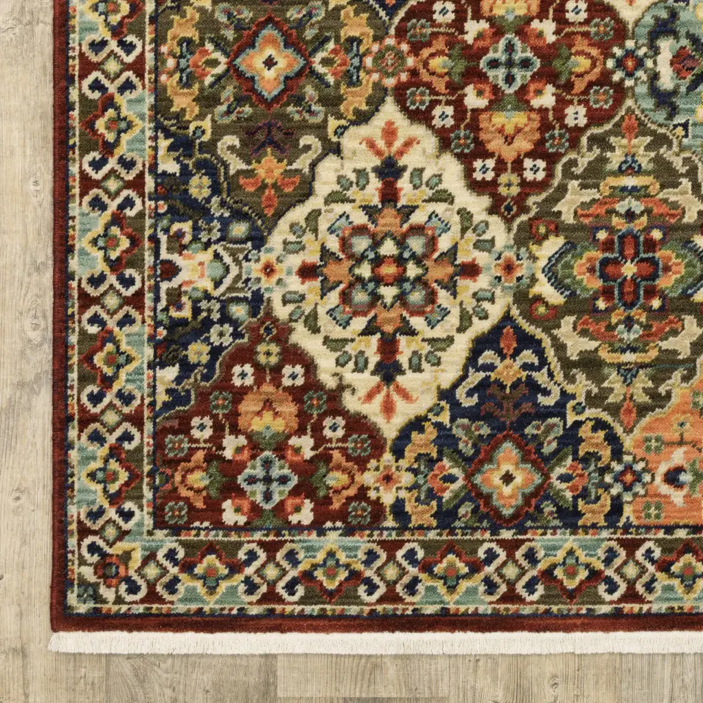 8' X 11' Red Rust Navy Light Blue Brown Orange Ivory And Gold Oriental Power Loom Stain Resistant Area Rug With Fringe - Image 4