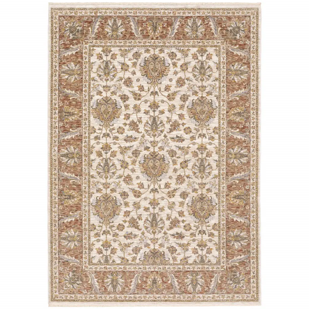 8' X 11' Rust And Ivory Oriental Power Loom Stain Resistant Area Rug With Fringe - Image 2
