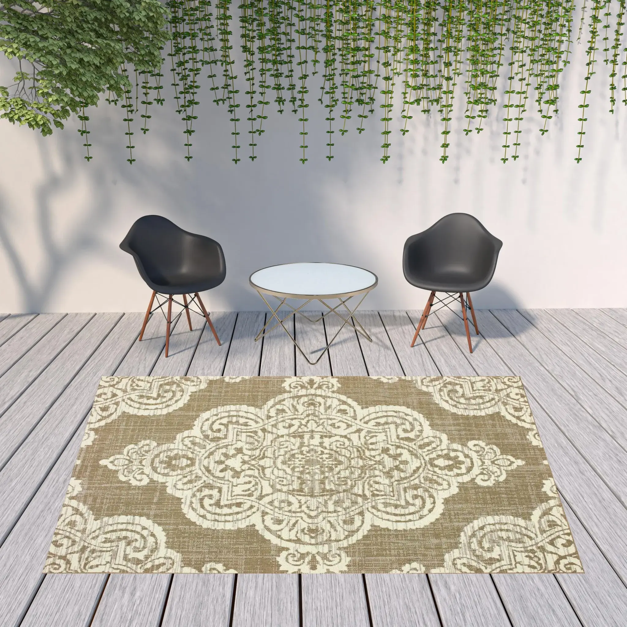 8' X 11' Tan Oriental Stain Resistant Indoor Outdoor Area Rug - Image 2
