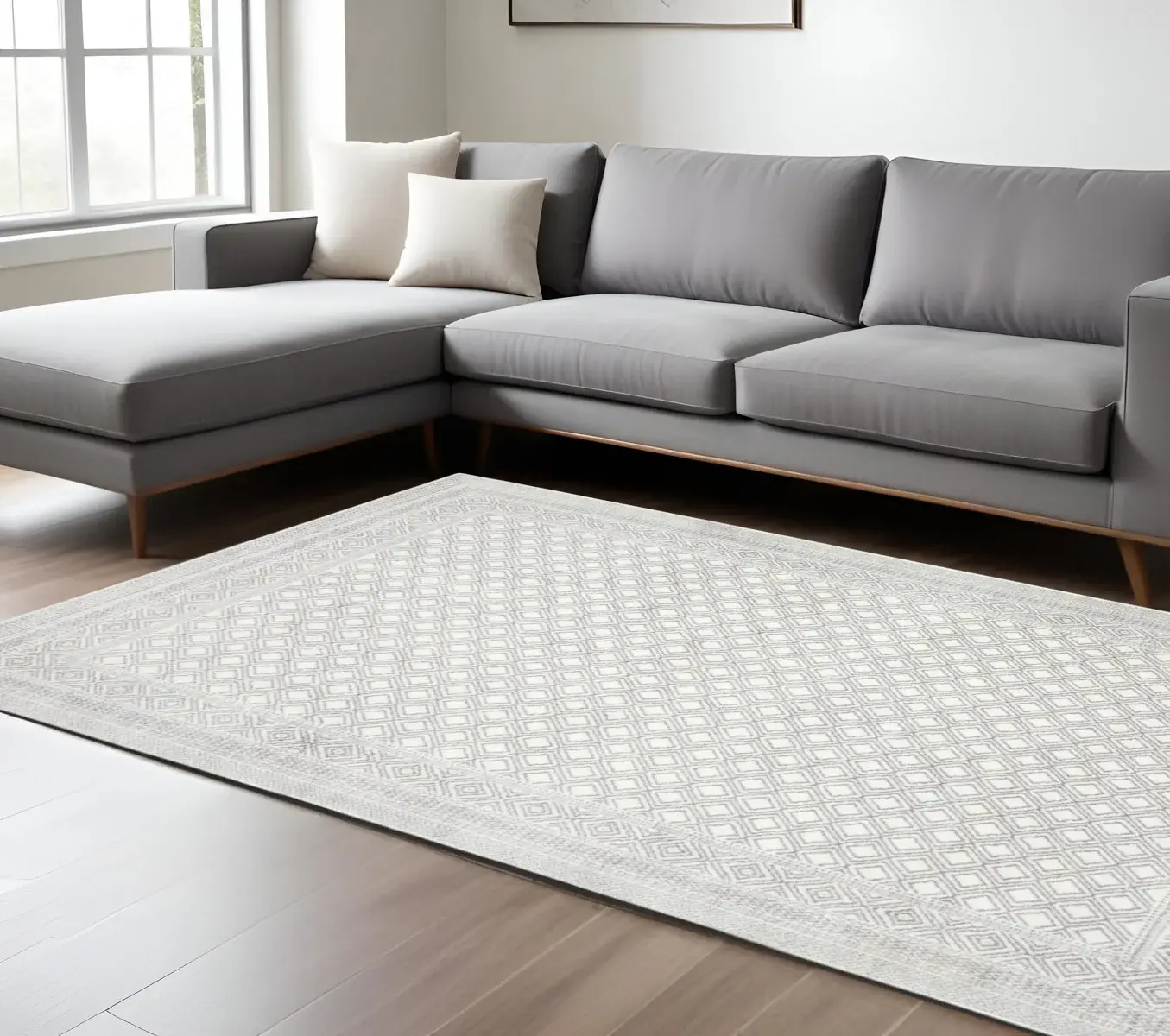 8' X 11' White And Grey Oriental Power Loom Stain Resistant Area Rug