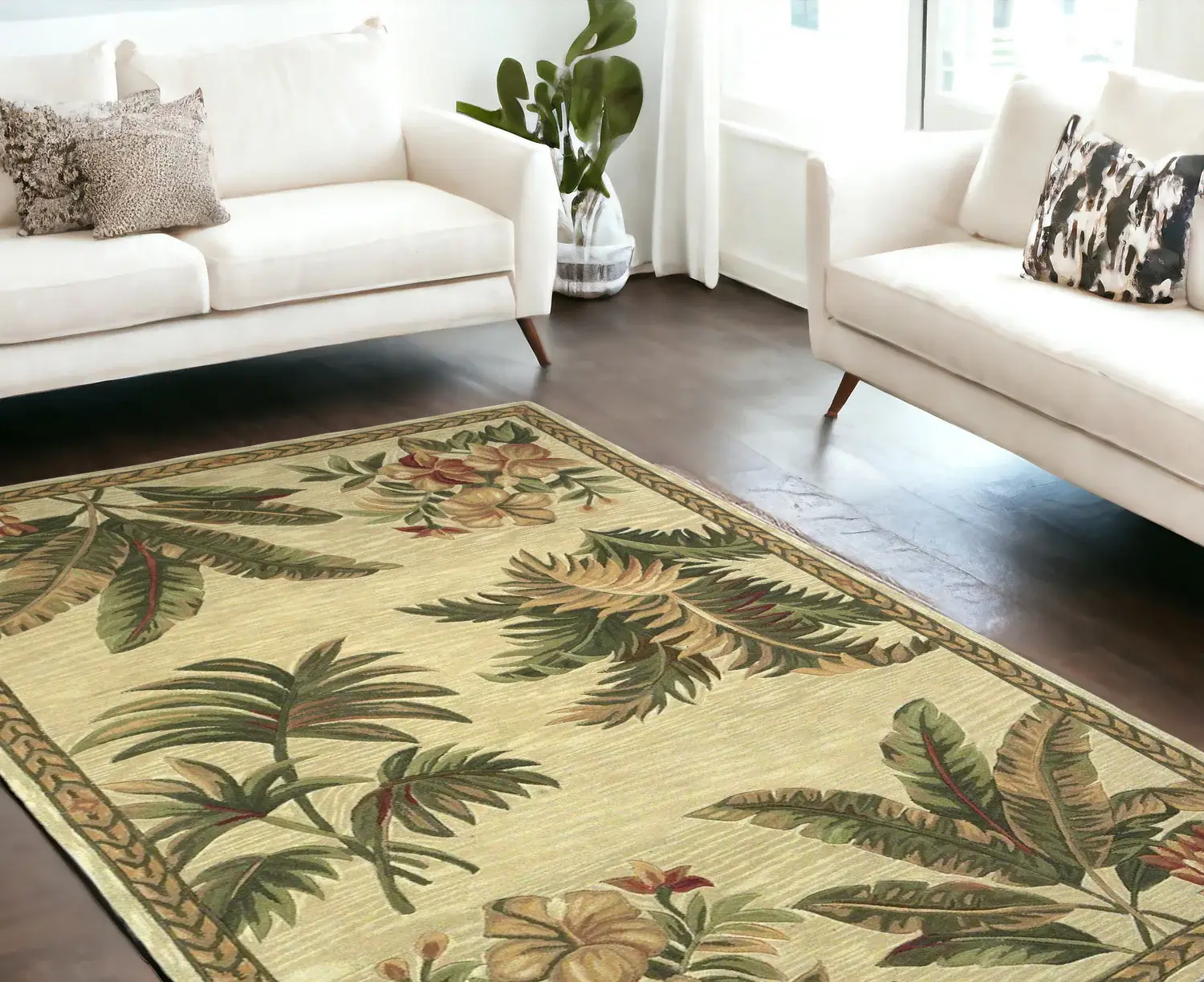 8' X 11'  Wool Ivory With Laurel Border Palm Tree Area Rug