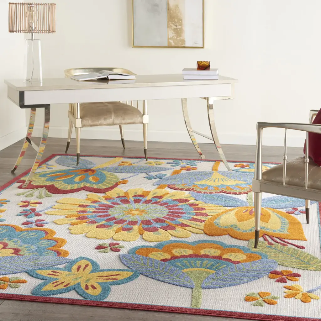 8' X 11' Yellow And Ivory Floral Indoor Outdoor Area Rug - Image 6